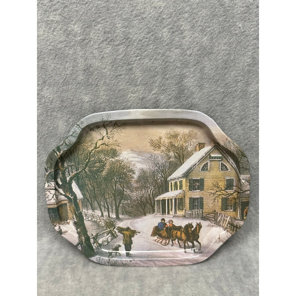 Vintage Currier & Ives Style Metal‎ Vanity Trinket Tray Winter Sleigh Scene
